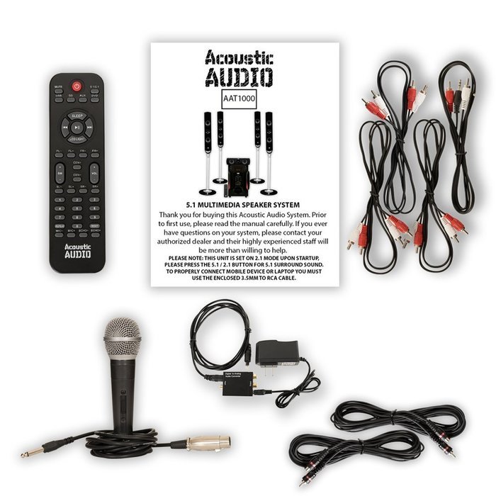 Acoustic Audio AAT1000 Tower 5.1 Speaker System with Optical Input Mic and 2 Extension Cables