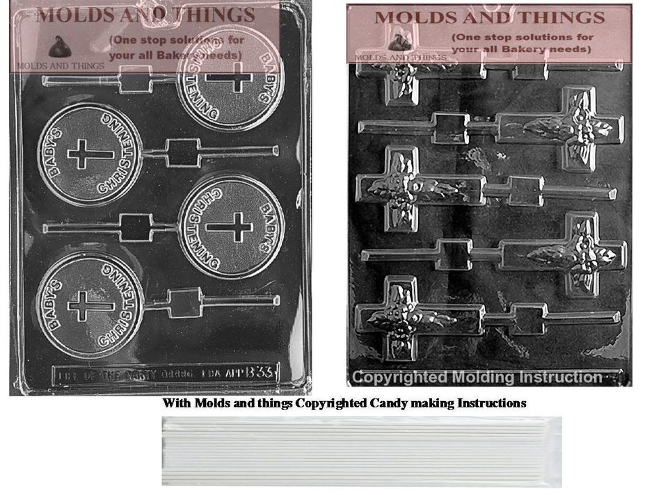 Baby's Christening Lolly Chocolate Candy Mold, Cross Chocolate Candy Mold and 50 sticks With Candy Making Instruction N2