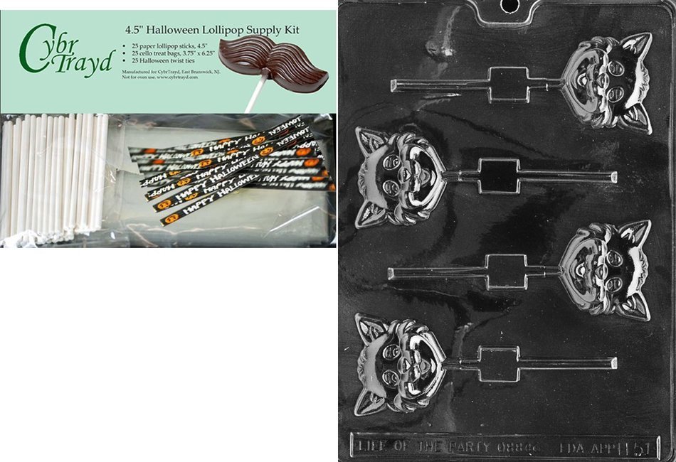 Cybrtrayd 45StK25H-H051 Cat Head Lolly Halloween Chocolate Mold with Lollipop Supply Kit