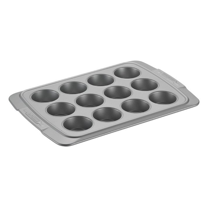 Cake Boss Deluxe Nonstick Bakeware 12-Cup Muffin Pan, Gray with Red Silicone Grips N5
