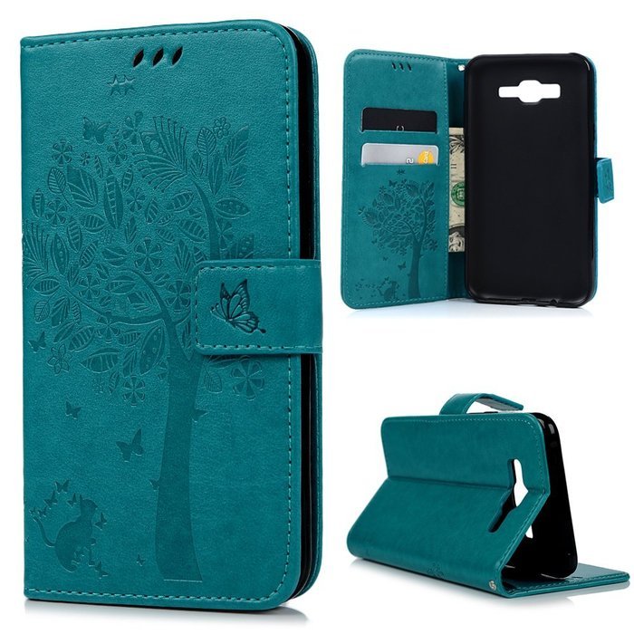 J7 Case,Samsung Galaxy J7 Case (2015 Version) - Wallet Embossed Butterflies Tree Premuim PU Leather Soft TPU Inner... N29