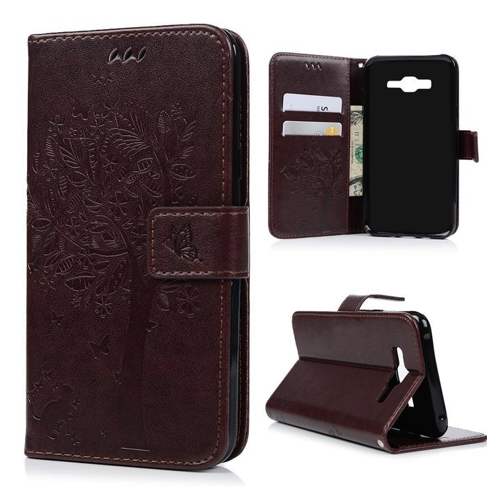 J7 Case,Samsung Galaxy J7 Case (2015 Version) - Wallet Embossed Butterflies Tree Premuim PU Leather Soft TPU Inner... N35