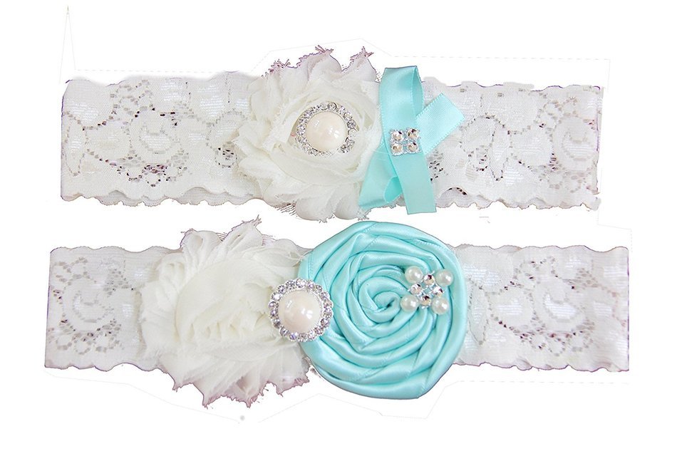 Wedding Garter Set Baby Blue Turquoise / Ivory Chiffon Flowers w/ Pearl Rhinestone Bow Lace N3