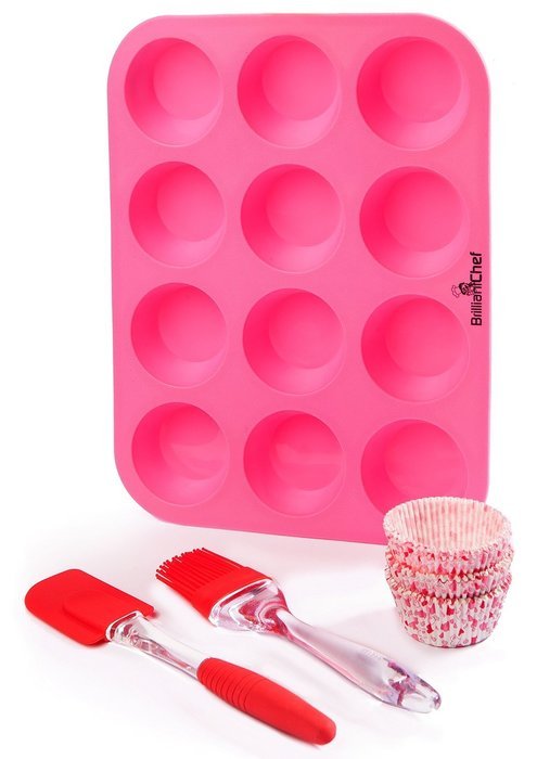 Premium 12 Cup Silicone Muffin Pan & Cupcake Pan Complete Bundle - BEAUTIFUL BAKING SET - Muffin Pan + Spatula... N6