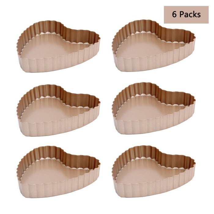Yiiho&reg; 4 Inch Nonstick Quiche Tart Pan Carbon Steel with Removable Bottom (Pack of 6, Heart Shape) N8