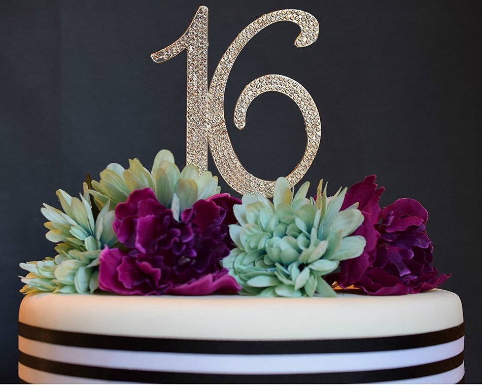 Sweet 16 Cake Topper - Premium Crystal Rhinestones - Monogram Number Sixteen - 16th Birthday Party Decoration... N13