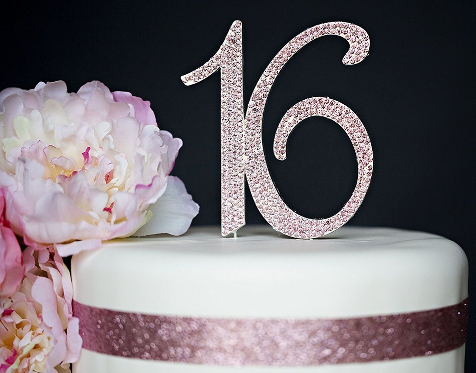 Sweet 16 Cake Topper - Premium Crystal Rhinestones - Monogram Number Sixteen - 16th Birthday Party Decoration... N16