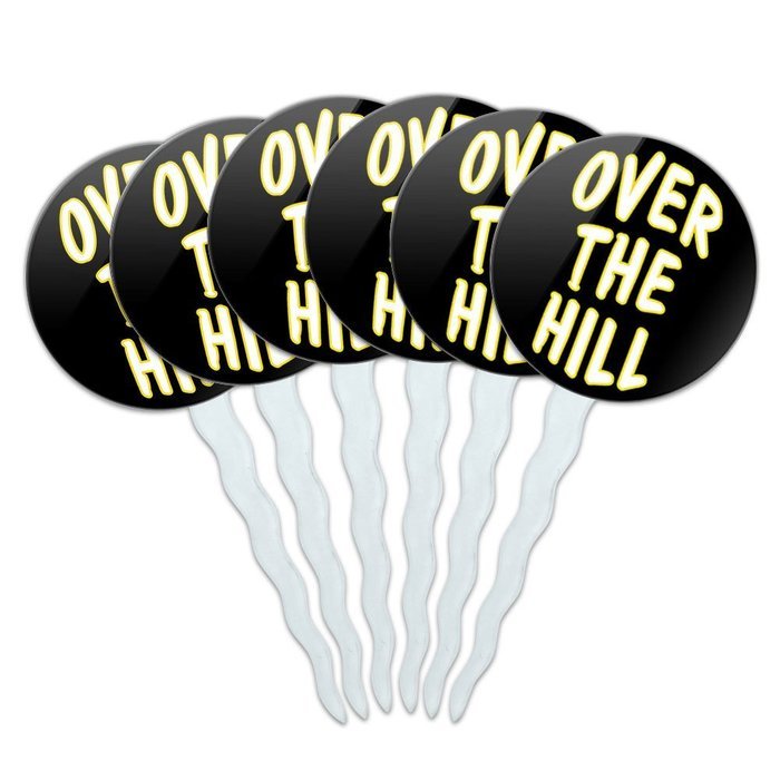 Set of 6 Cupcake Picks Toppers Decoration Birthday Party - Over the Hill Birthday Black Yellow N23