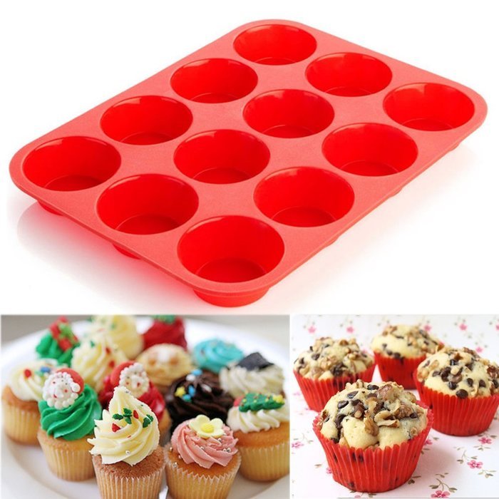 BakeWarePlus 12 Cups Silicone Muffin Pan and Cupcake Pan Maker Non - Stick Red N3