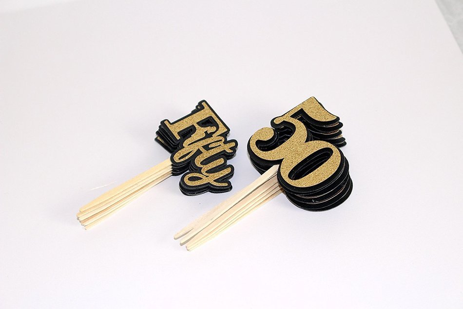 All About Details Black & Gold Fifty Cupcake Toppers, Set of 12 N2