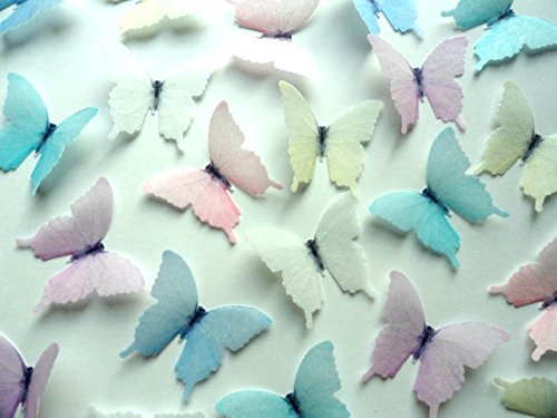 24 Small Assorted Pastel Light Soft Colors Decorative Wafer Paper Butterflies&copy; 1.75" Pre Cut Cake Dessert Decorations N2