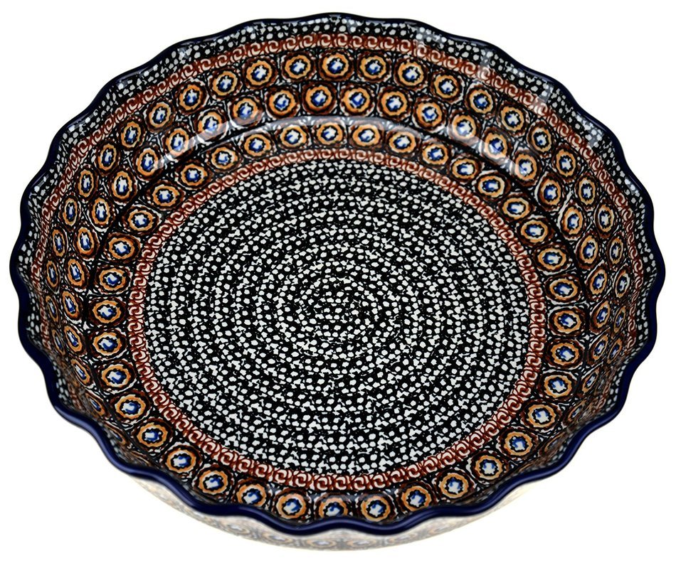 Ceramika Artystyczna Polish Hand Painted Deep Fluted Pie Pan 11" (Blue and Yellow Flowers) N3