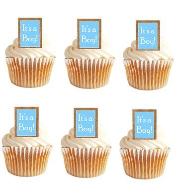 24pk Its a Boy Baby Shower Deep Burlap Brown / Blue Edible Cupcake Decoration Topper Picks