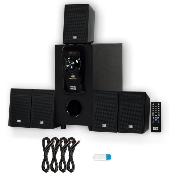 Acoustic Audio AA5150 Home Theater 5.1 Speaker System with USB Bluetooth FM and 4 Extension Cables