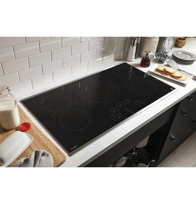 GE Profile 36" Touch Control Black Glass Cooktop with Stainless Steel Trim N9