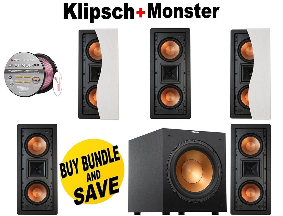 5 Klipsch R-5502-W II In-Wall LCR Speaker - Each (White) + Klipsch R-12SW Powerful 12" 400 watts Subwoofer + Monster...