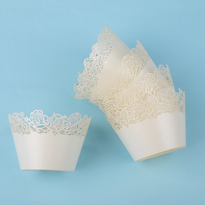 50pcs Filigree Vine Lace Cut Cupcake Wrapper Liner Baking Cup Case Trays Wedding Birthday - White, Rose N4