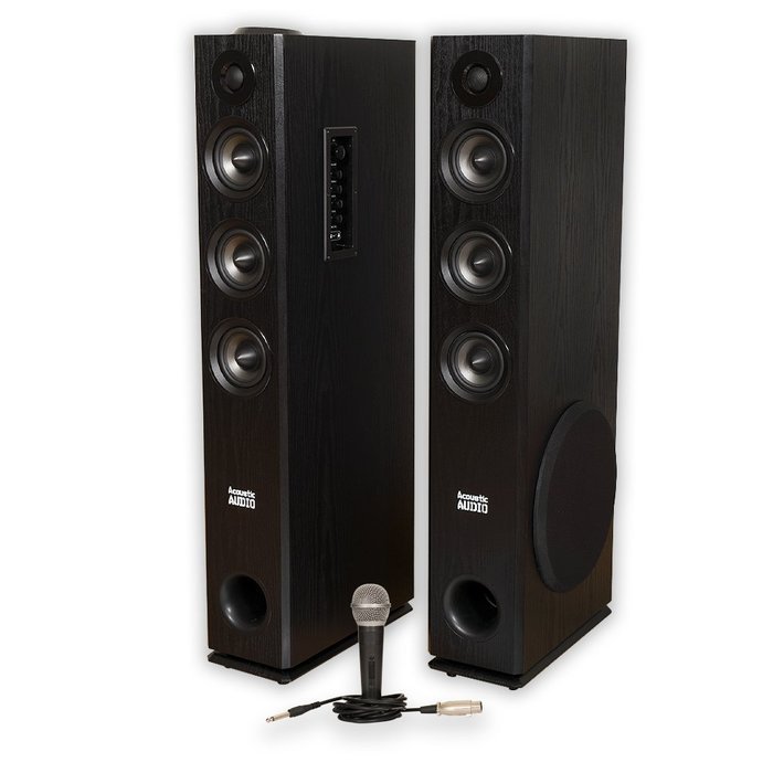 Acoustic Audio TSi450 Bluetooth Powered Floorstanding Tower Home Multimedia Speaker Pair and Mic TSi450M1