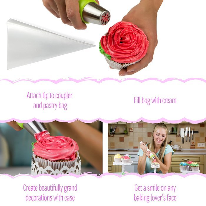 Russian Piping Tips - Cake Decorating Baking Supplies Kit - Icing Pastry Disposable Bags & Coupler - Premium 29... N7