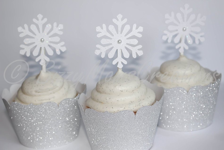 Set of 12 - White Shimmer Snowflake Cupcake Toppers & Silver Glitter Wrappers-Winter Wonderland Party Decor -... N2