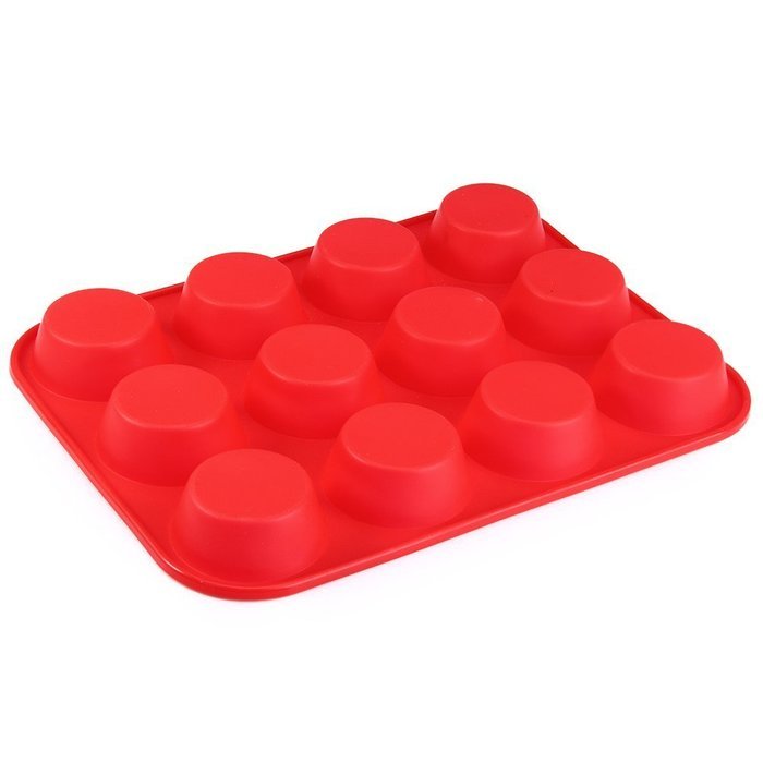 BakeWarePlus 12 Cups Silicone Muffin Pan and Cupcake Pan Maker Non - Stick Red N5
