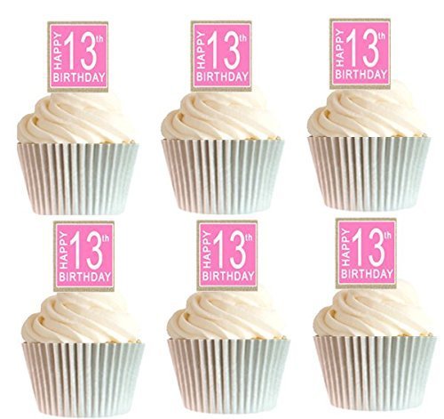 24pk Happy 13th Birthday Burlap Brown - Pink Edible Cupcake Decoration Topper Picks