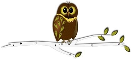 drawing of an owl on a branch with green leaves