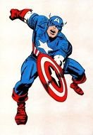 Captain America superhero runs with shield, drawing