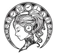 clock faces around girlâs head, drawing