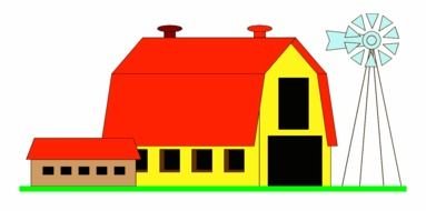 painted farm hangar and windmill