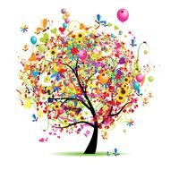 painted tree with colorful balloons, flowers and hearts