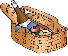painted basket with picnic products on a white background