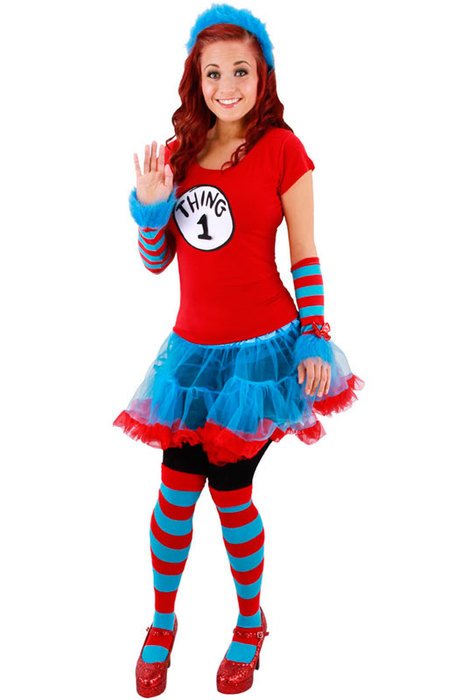 woman in Thing 1 Dr Seuss character costume