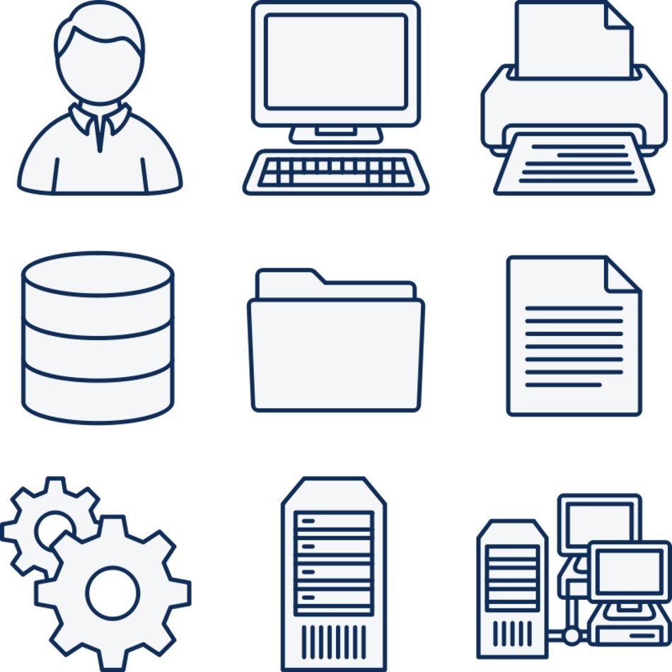 collage of images: computer, printer, files and human silhouette