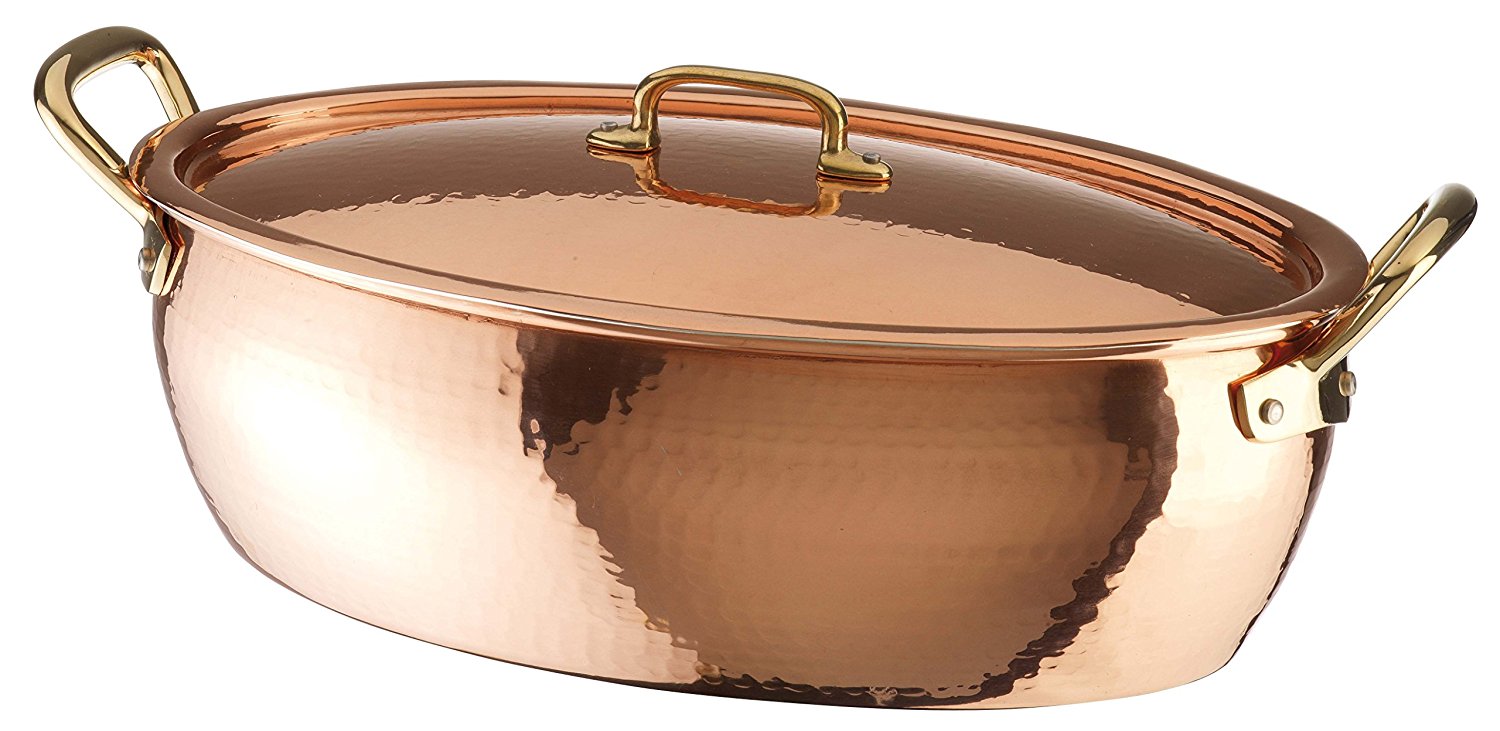 Paderno World Cuisine Deep Oval Copper Tin Roasting Pan With Copper Lid