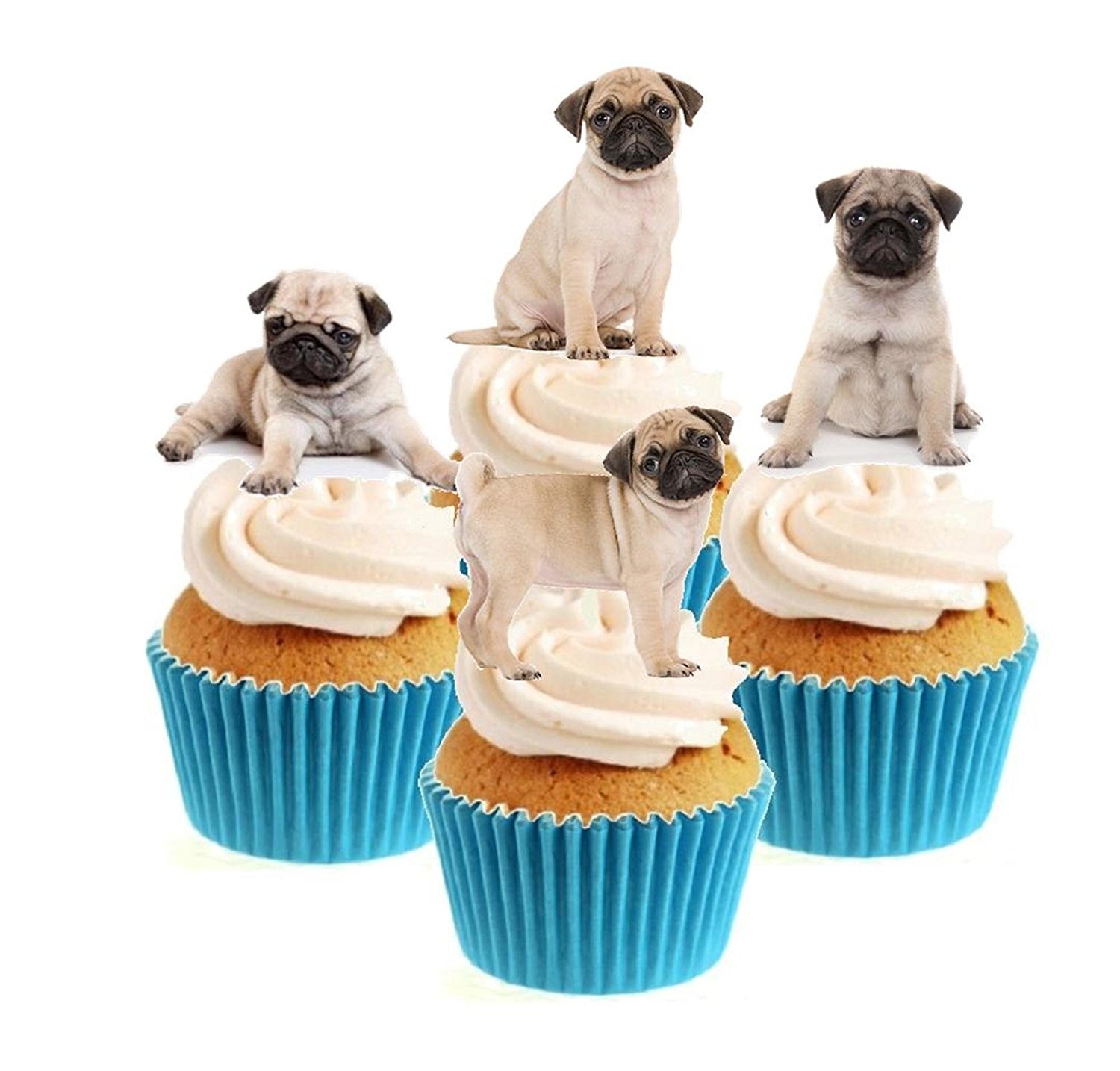 Novelty Cute Pug Puppy Mix 12 Edible Stand Up wafer paper cake toppers ...