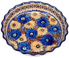 Ceramika Artystyczna Polish Hand Painted Deep Fluted Pie Pan 11" (Blue and Yellow Flowers) N4
