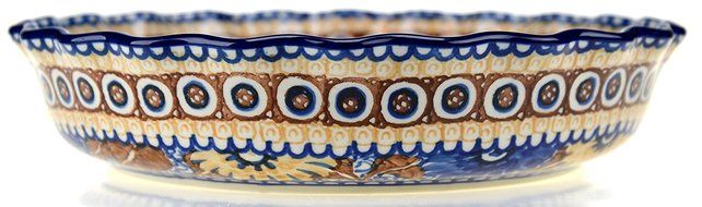 Ceramika Artystyczna Polish Hand Painted Deep Fluted Pie Pan 11" (Blue and Yellow Flowers) N5