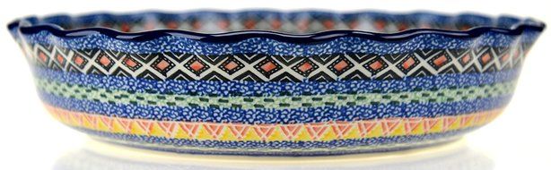 Ceramika Artystyczna Polish Hand Painted Deep Fluted Pie Pan 11" (Blue and Yellow Flowers) N6