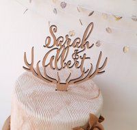 Wedding cake topper, personalized deer antler cake topper, rustic wedding cake topper, wooden antlers cake topper...