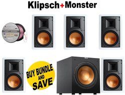 5 Klipsch R-3800-W II 8" In-Wall Speaker - Each (White) + Klipsch R-12SW Powerful 12" 400 watts Subwoofer + Monster...