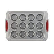 Cake Boss Deluxe Nonstick Bakeware 12-Cup Muffin Pan, Gray with Red Silicone Grips N7