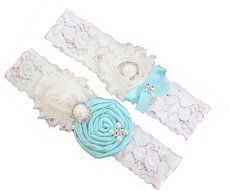Wedding Garter Set Baby Blue Turquoise / Ivory Chiffon Flowers w/ Pearl Rhinestone Bow Lace N4