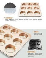 Fishonly Carbon Steel Nonstick 9 Cups Muffin Pan Cupcake Tart Mold Tray Cookie Bake Pan (Round) N2