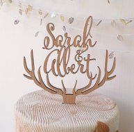 Wedding cake topper, personalized deer antler cake topper, rustic wedding cake topper, wooden antlers cake topper... N4