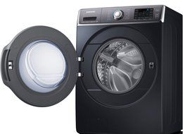 Bundle: Samsung 5.6 cf Steam Front Load Washer &amp; 9.5 cf Steam Electric Dryer Stacked includes Stack Kit Onyx WF56H9100AG... N4