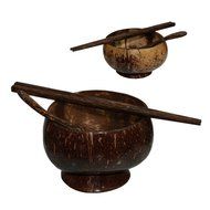 Set bowl made of coconut shell Wisdom spoon and chopsticks made of palm 4.5'' - 5'' wood. (Dark brown) N3