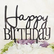 &quot;Happy Birthday&quot; Text Silhouette Plaque Cake Topper Pick - Black Glitter Finish
