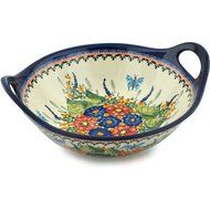 Polish Pottery Bowl with Handles 12-inch Spring Splendor UNIKAT