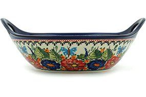 Polish Pottery Bowl with Handles 12-inch Spring Splendor UNIKAT N2